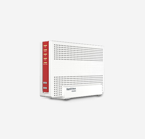 Produktfoto: FRITZ!Box 6690. Aufrecht stehender Router in nach links gedrehter Frontansicht in wei&szlig; mit Bel&uuml;ftungs&ouml;ffnungen und 5 LEDs. 