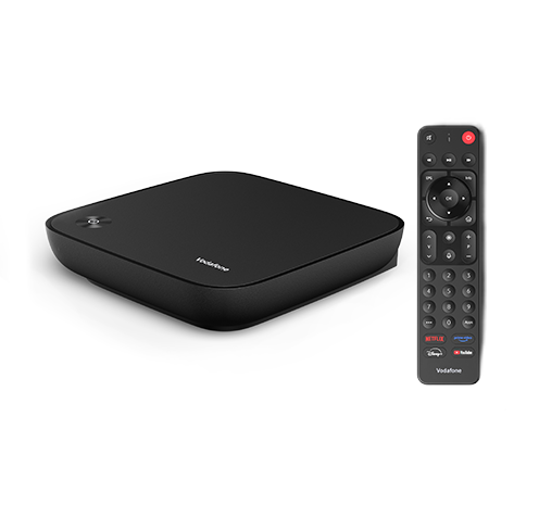 Produktfoto: GigaTV Home Box, daneben die dazugeh&ouml;rige Fernbedienung. Beides in der Ansicht von oben. Beides in Schwarz.