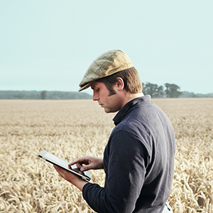 Landwirt nutzt auf seinem Feld Narrowband-IoT für Smart Farming.