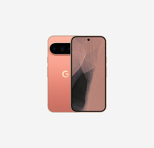 Produktfoto: Google Pixel 11 Pro, Farbe Canyon. R&uuml;ckseite mit Google-Logo und professionellem Kamera-System oben in der Mitte. Vorderseite mit All-Screen-Design, Frontkamera und d&uuml;nnem, schwarzen Rand. Energieeffizienzklasse B.