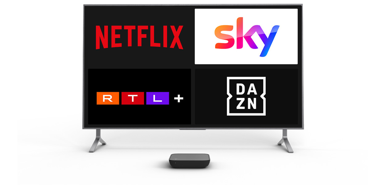 Produktfoto: GigaTV Home Box in Collage mit einem TV. Die Logos zeigen die Streaming-Dienste Netflix, Sky, RTL+ und DAZN.