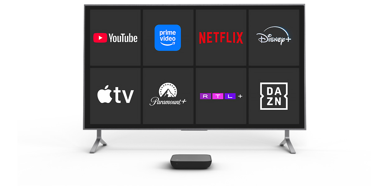 Produktfoto: GigaTV Home Box in Collage mit einem TV. Die Logos zeigen die Streaming-Dienste Netflix, Sky, RTL+ und DAZN.