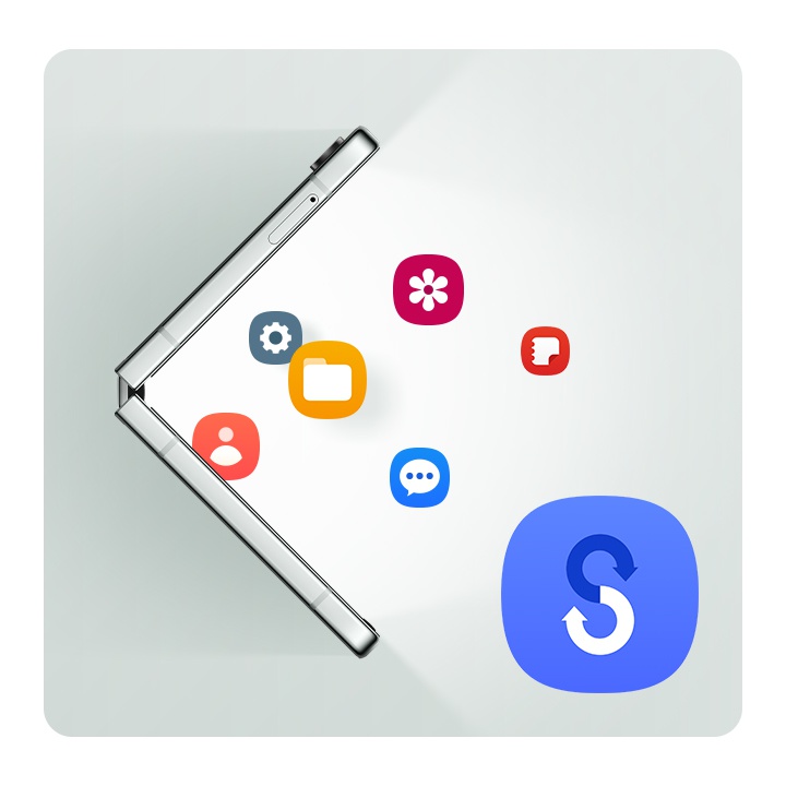 Verschiedene App-Symbole schweben aus dem ge�ffneten Display des Galaxy Z Flip5, von der Seite gesehen wie ein 