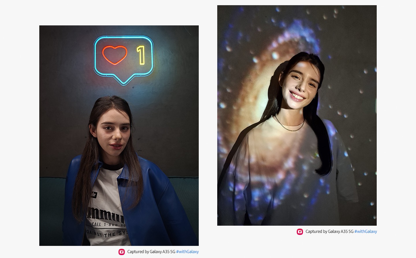 Zu sehen sind zwei Portr�ts bei schlechten Lichtverh�ltnissen. Auf dem ersten Portr�t ist eine sitzende Person zu sehen. �ber ihrem Kopf befindet sich ein Neonlicht. Auf dem zweiten Portr�t ist eine l�chelnde Person zu sehen, �ber ihr ein Licht mit kosmischem Effekt. Der Text liest: "Aufgenommen mit dem Galaxy A35 5G #withGalaxy".