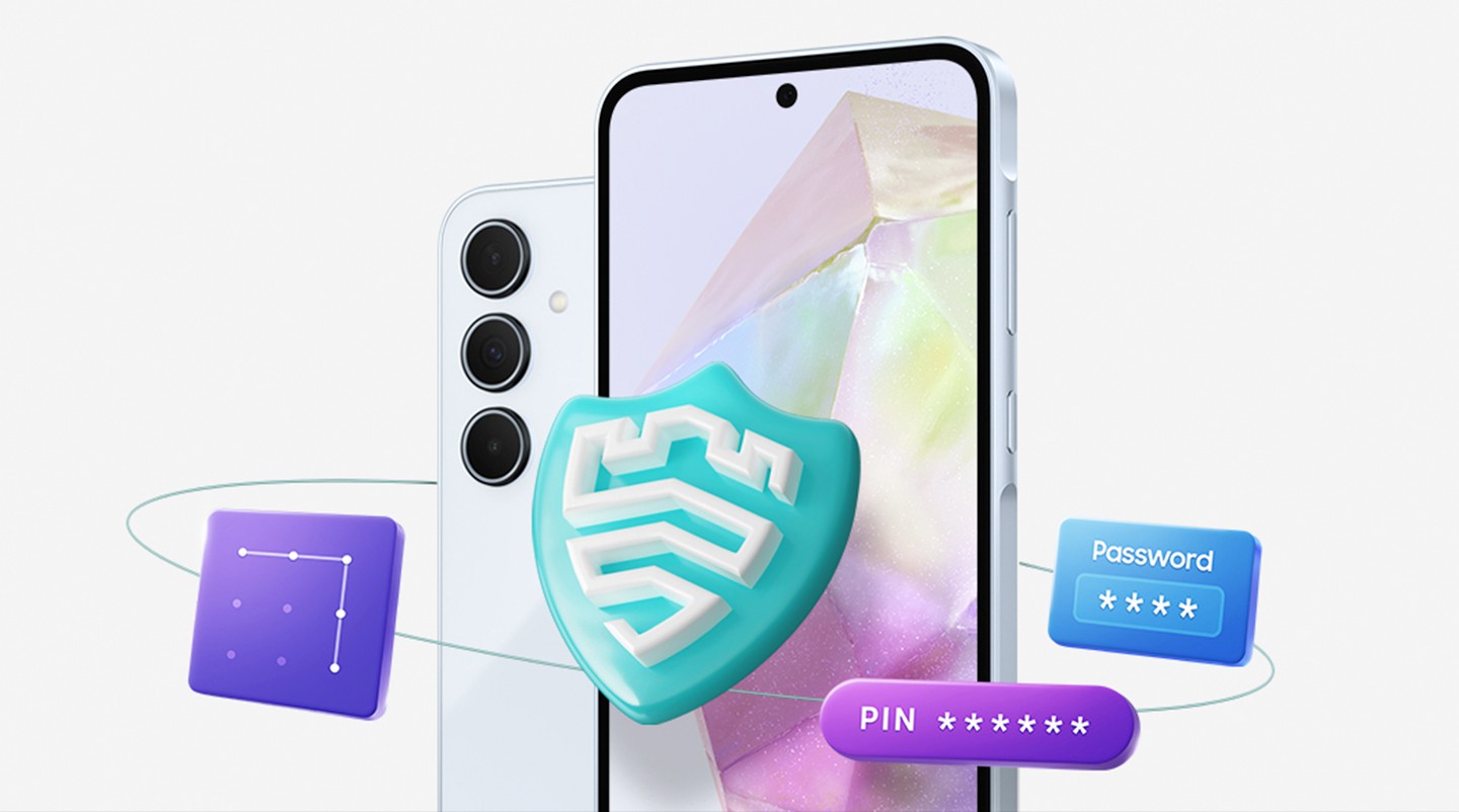 Ein Smartphone mit einem Samsung Knox-Sicherheitssymbol auf dem Display, umgeben von verschiedenen Symbolen f�r Passwort, PIN und Muster.