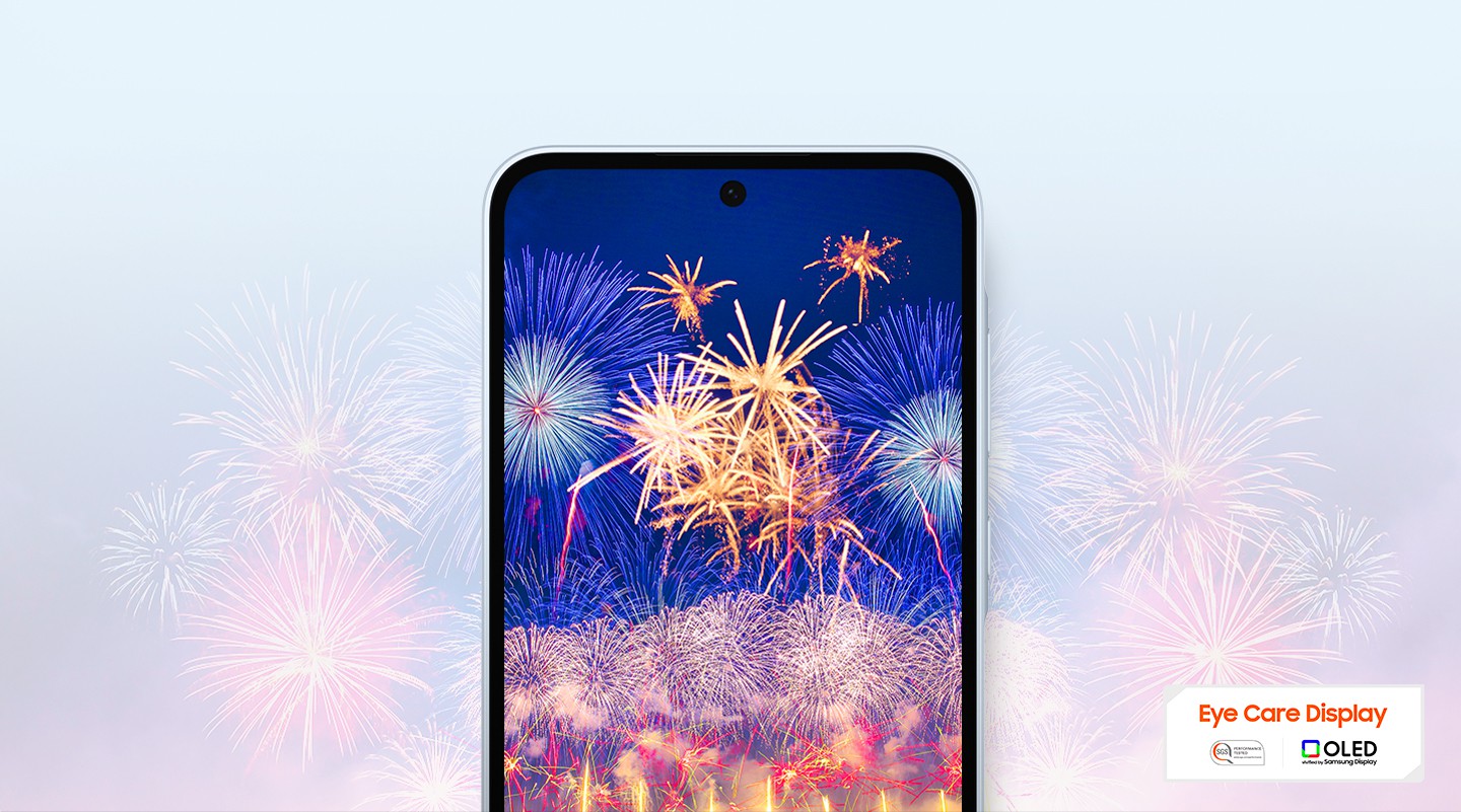 Zu sehen ist ein Smartphone, auf dessen Display ein lebhaftes Feuerwerk zu erkennen ist, mit einem Logo f�r das 