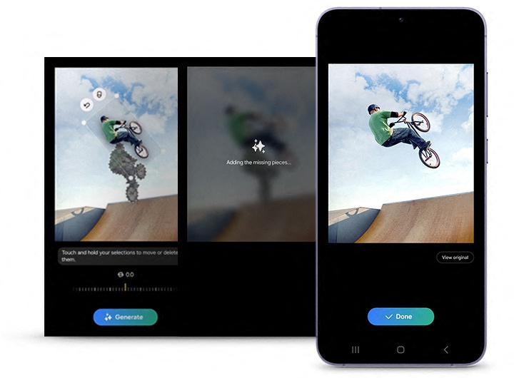 In drei Screenshots wird der Foto-Assistent dazu verwendet, um ein Objekt in einem Foto von einem Ort zum anderen zu bewegen und dessen Gr��e dabei anzupassen. Dabei f�llt der Assistent den leeren Bereich automatisch aus, in dem sich das Objekt zuvor befand.