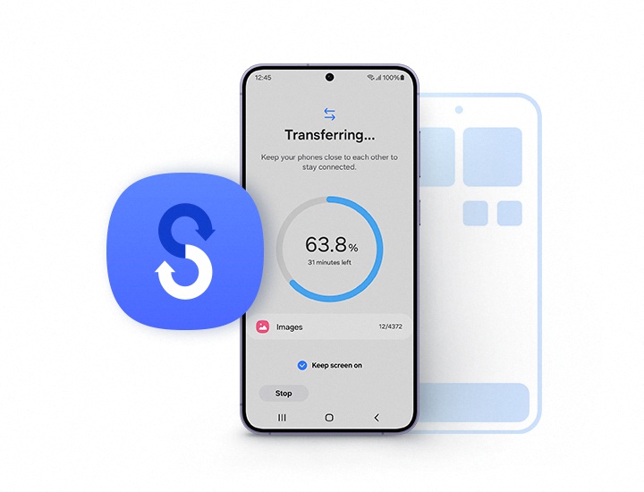 Das Display eines Galaxy S24+ zeigt den Fortschrittsbalken einer Smart Switch-Daten�bertragung von einem Nicht-Galaxy Ger�t.
