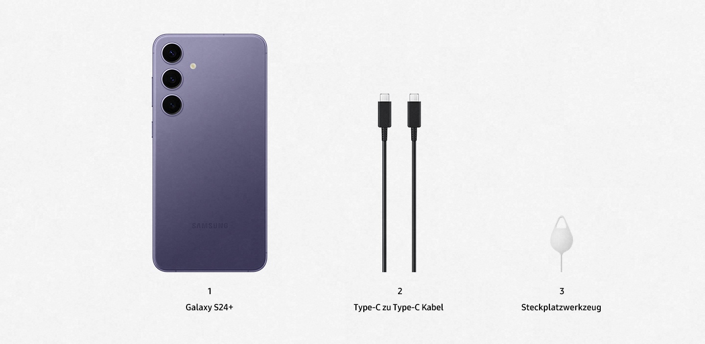 Beinh�lt ein Galaxy S24, ein Type-C zu Type-C Kabel und ein Steckplatzwerkzeug.