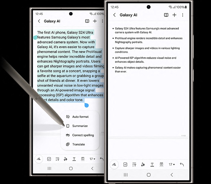 Zu sehen sind zwei Galaxy S24 Ultra-Smartphones. Auf dem Display des einen Smartphones wird ein l�ngerer Textabsatz in Samsung Notes namens 