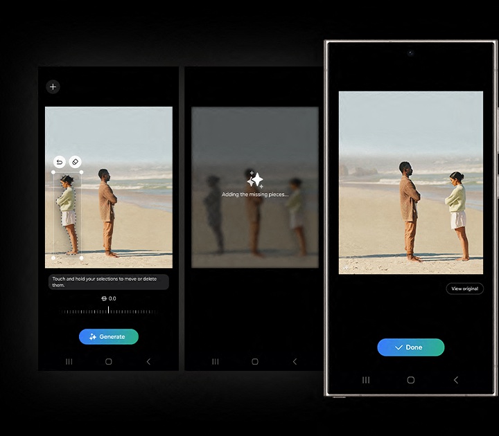 In drei Screenshots wird der Foto-Assistent dazu verwendet, um ein Objekt in einem Foto von einer Seite zur anderen zu bewegen. Dabei f�llt der Assistent den leeren Bereich automatisch aus, in dem sich das Objekt zuvor befand.