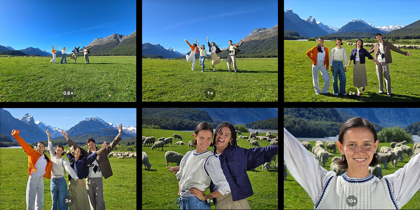 Einzelne Personen posieren in einem offenen Feld vor einer Bergkulisse. Sechs Fotos werden geschossen, beginnend mit 0,6-fachem, dann mit 1-fachem, 2-fachem, 3-fachem, 5-fachem und 10-fachem Zoom, von farbenfrohen Landschaften bis hin zu detaillierten Nahaufnahmen. Aufgenommen mit dem Galaxy S24 Ultra #with Galaxy.