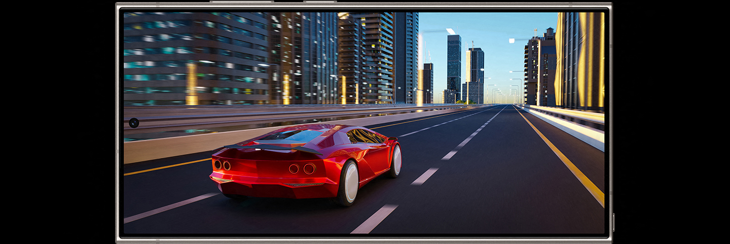 Das Display eines Galaxy S24 Ultra zeigt die grafische Darstellung eines Rennwagens auf einer Rennstrecke in farbenfrohen, klaren Details. Snapdragon� 8 Gen 3 for Galaxy.