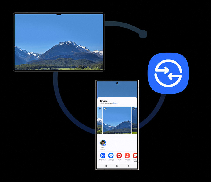 Darstellung eines Fotos, das zwischen einem Galaxy S24 Ultra und einem Galaxy Tab S9 �ber Quick Share geteilt wird.