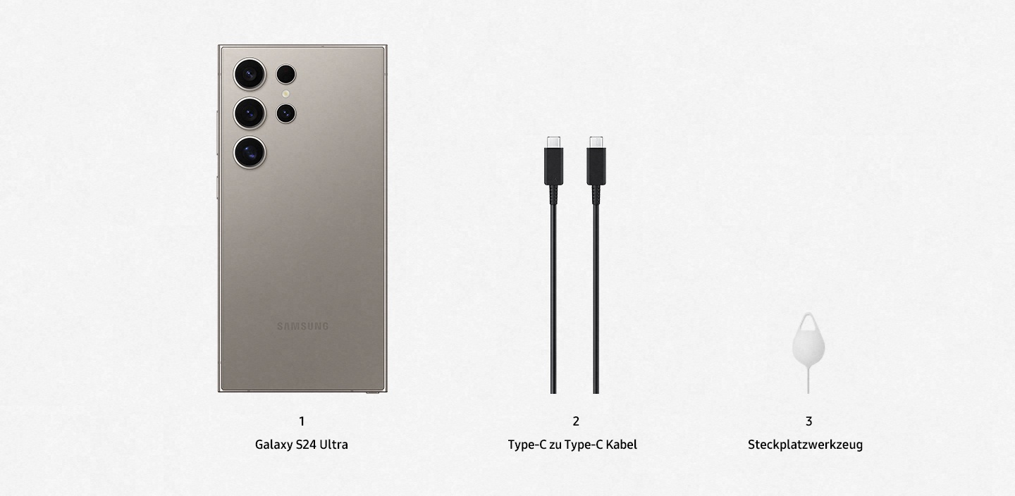 Beinh�lt ein Galaxy S24 Ultra, ein Type-C zu Type-C Kabel und ein Steckplatzwerkzeug.