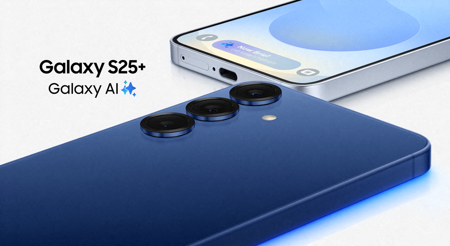 Galaxy S25 und S25 Plus-Smartphones, �bereinander, in einem leichten Winkel. Samsung. Galaxy AI.