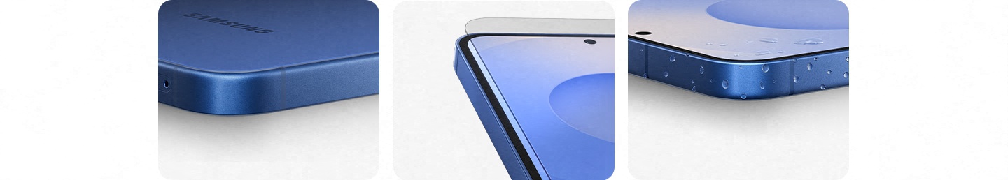 Nahaufnahme der Ecke des Galaxy S25 Plus und sein Aluminiumrahmen ist zu sehen. Die Nahaufnahme einer Ecke des Galaxy S25 Plus. Ein Rechteck aus Glas schwebt �ber dem Display. Die Nahaufnahme einer Ecke des Galaxy S25 Plus mit Wassertropfen auf dem Aluminium-Rahmen.