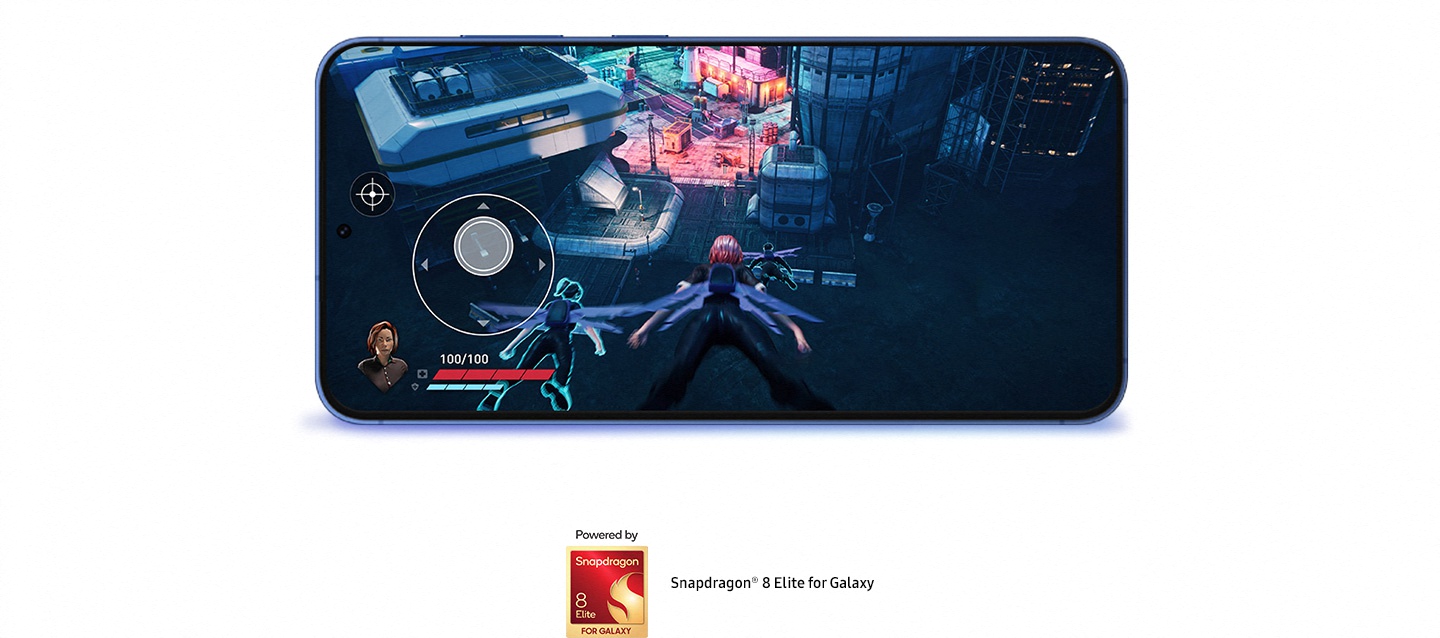Der Snapdragon 8 Elite for Galaxy AP schwebt �ber der Platine, bevor er auf ihr aufsetzt. Verschiedene Lichtstrahlen gehen vom AP aus, bevor er sich in ein Galaxy S25 Plus verwandelt. Das Smartphone ist horizontal von der Seite zu sehen. Es dreht sich und zeigt eine Szene aus dem Spiel Wuthering Waves auf dem Display.