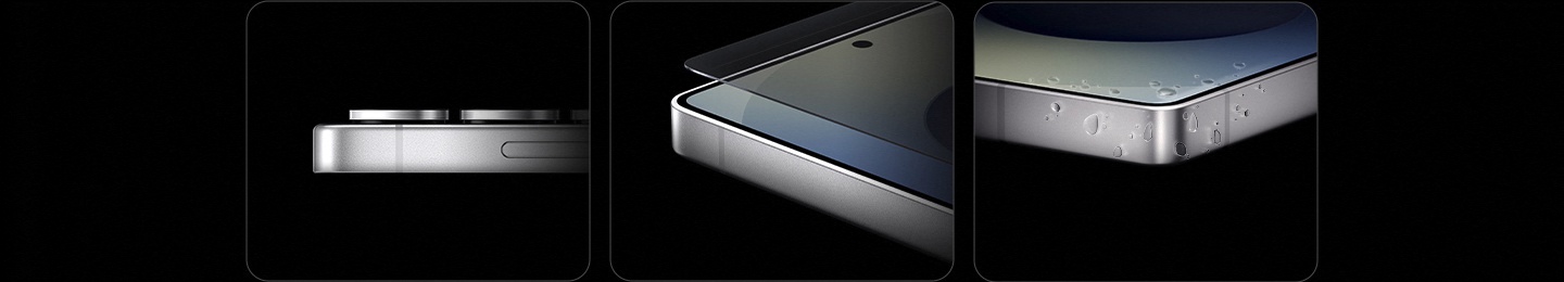 Die Nahaufnahme eines liegenden Galaxy S25 Ultra von der Seite zeigt den Rahmen aus Titan. Die Nahaufnahme einer Ecke des Galaxy S25 Ultra. Ein Rechteck aus widerstandsf�higem Glas schwebt �ber dem Display.Die Nahaufnahme einer Ecke des Galaxy S25 Ultra mit Wassertropfen auf dem Titanium-Rahmen.