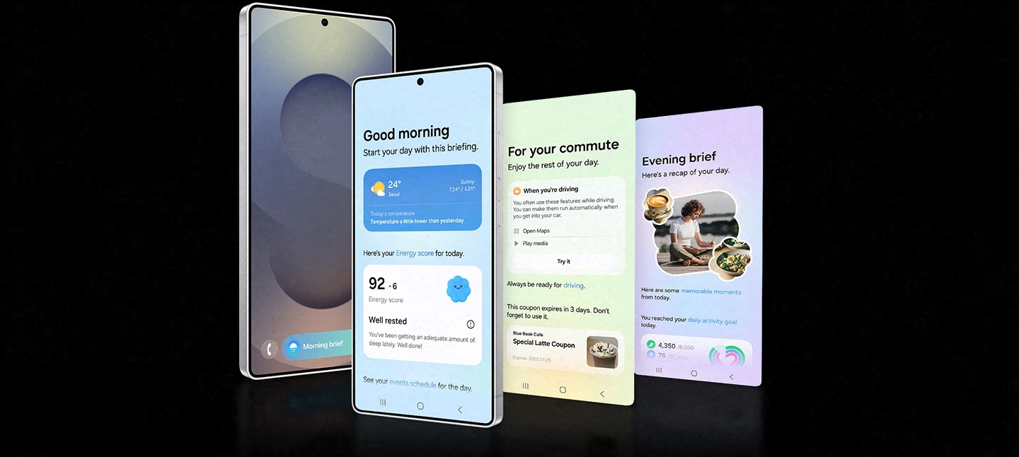 Die Now Bar wird von links nach rechts mit einer Benachrichtigung von Now Brief eingeblendet. Die Now Bar bewegt sich dann an den unteren Rand des Hauptdisplays des Galaxy S25 Ultra, das in den Fokus r�ckt. Drei weitere Benachrichtigungen aus der Now Bar werden �ber der ersten Benachrichtigung angezeigt: Timer, Musik und Training.