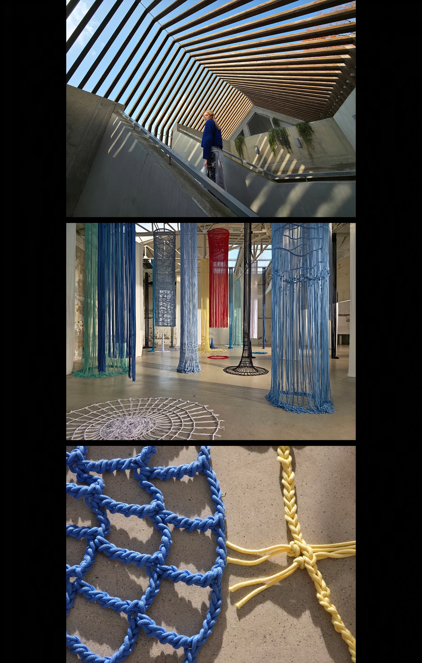 Ein mit der Ultra-Weitwinkelkamera aufgenommenes Foto einer Frau vor einem Geb�ude. Dank der hohen Aufl�sung sind die Details klar zu erkennen. Ein mit der Weitwinkelkamera aufgenommenes Foto, das eine Installation von bunten Seilen in einem Museum zeigt. Die Farben sind hell und die Details sind klar.Ein mit dem Teleobjektiv aufgenommenes Foto, das eine Installation von bunten Seilen in einem Museum zeigt. Die Farben sind hell.