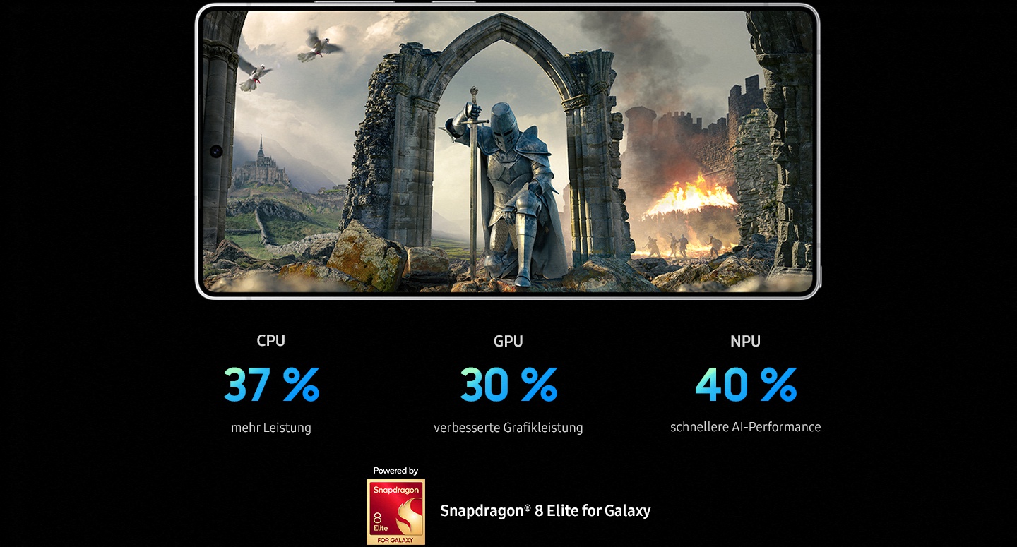 Der Snapdragon 8 Elite for Galaxy AP erscheint. Unterschiedliche Lichtstrahlen kommen aus dem Prozessor und verwandeln sich in eine Szene aus dem Spiel Night Crows.&nbsp;